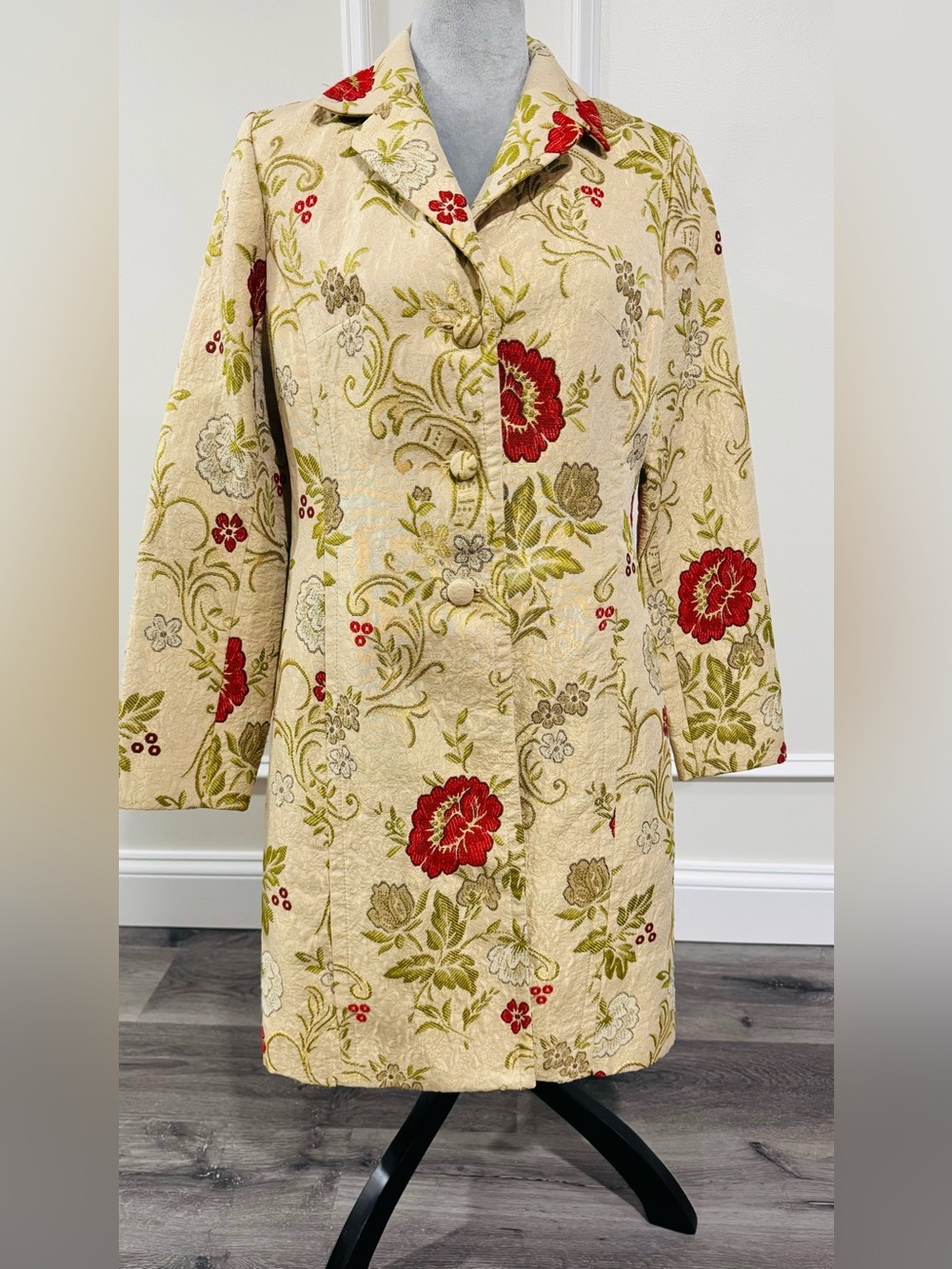 Apostrophe Cream Floral Brocade Jacket with Green and Red Accents